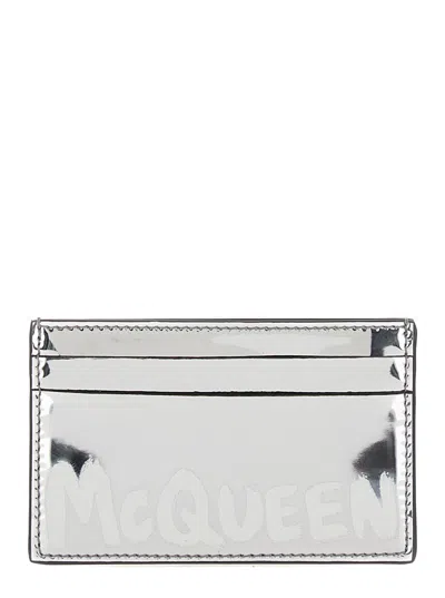 Alexander Mcqueen Graffiti Mcqueen Silver Card-holder With Print In Laminated Leather Man In Metallic