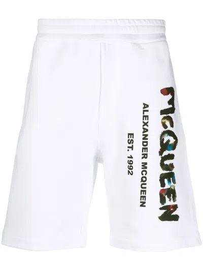 Alexander Mcqueen Graffiti-print Cotton Track Shorts In White