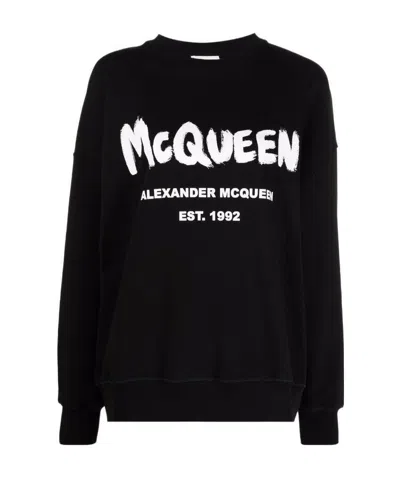 Alexander Mcqueen Graffiti Print Crew Neck Sweatshirt In Black