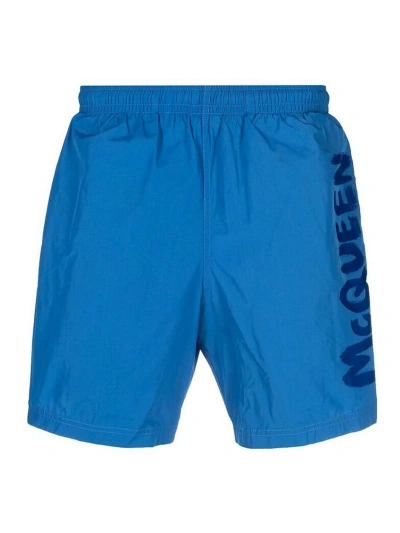 Alexander Mcqueen Graffiti-print Swim Shorts In Blue