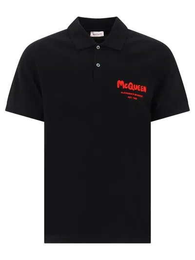 Alexander Mcqueen Men's Graffiti Logo-embroidered Cotton Polo Shirt In Black