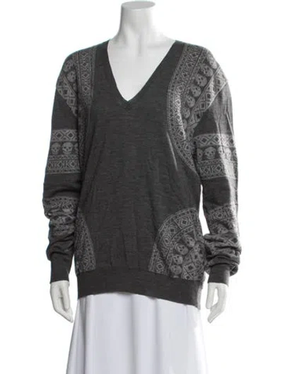Pre-owned Alexander Mcqueen Graphic Print V-neck Sweater In Gray