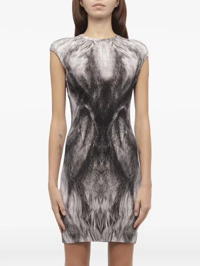 Alexander Mcqueen Graphic-print Cap-sleeve Dress In Brown