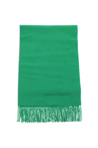 ALEXANDER MCQUEEN GREEN CASHMERE SCARF WITH EMBROIDERED LOGO AND FRAYED EDGES FOR WOMEN
