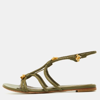 Pre-owned Alexander Mcqueen Green Leather Embellished Skull Flat Thong Sandals Size 38