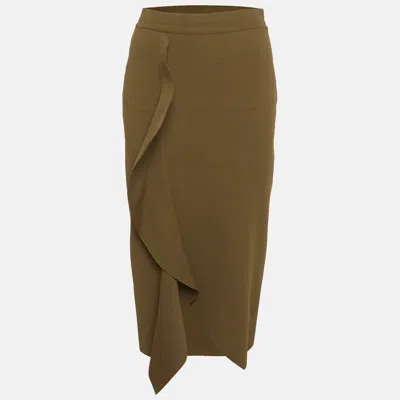 Pre-owned Alexander Mcqueen Green Stretch Knit Asymmetric Ruffle Midi Skirt M