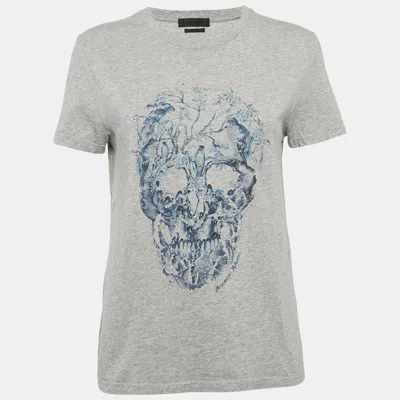 Pre-owned Alexander Mcqueen Grey Cotton Skull Print Crew Neck T-shirt Xs