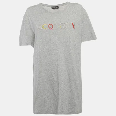 Pre-owned Alexander Mcqueen Grey Graphic Print Crew Neck T-shirt L In Gray