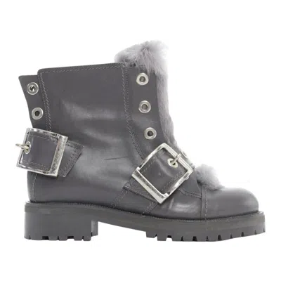 Pre-owned Alexander Mcqueen Grey Leather Rabbit Fur Trimmed Buckle Combat Boot Eu38.5 In Gray