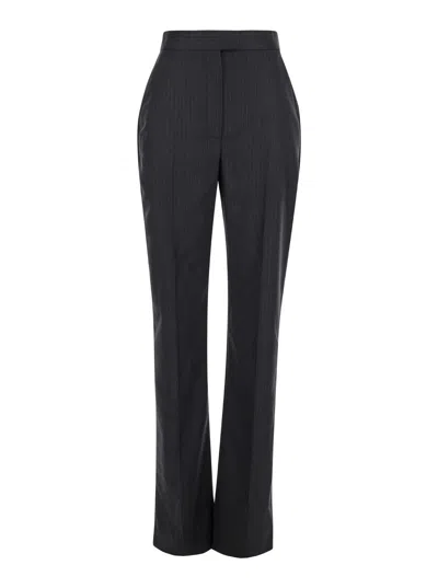 Alexander Mcqueen Grey Pinstripe High Waist Pants In Wool Woman In Black