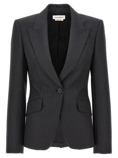 ALEXANDER MCQUEEN GREY PINSTRIPED SINGLE-BREASTED BLAZER