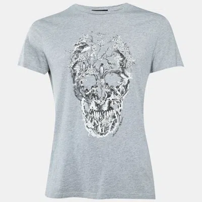 Pre-owned Alexander Mcqueen Grey Skull Print Cotton Crew Neck T-shirt M In Gray