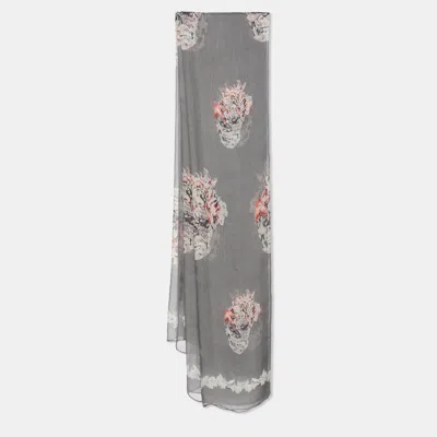 Pre-owned Alexander Mcqueen Grey Skull Printed Silk Scarf