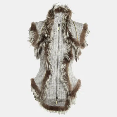 Pre-owned Alexander Mcqueen Grey Tweed & Fur Trim Sleeveless Asymmetric Hem Vest M In Gray