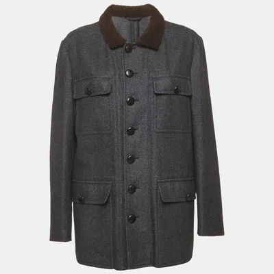 Pre-owned Alexander Mcqueen Grey Wool Blend Shearling Collar Coat Xl In Gray