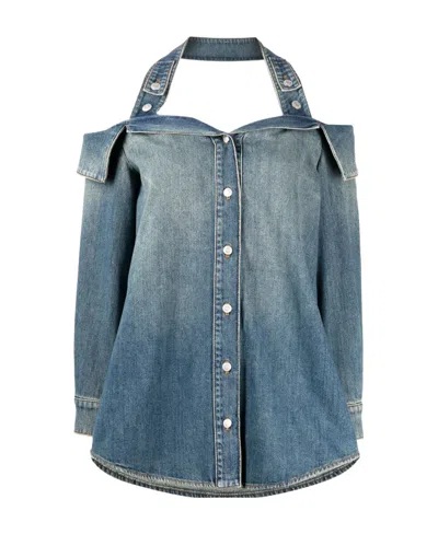 Alexander Mcqueen Halterneck Off-shoulder Denim Shirt In Blue