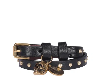 Alexander Mcqueen Hammered Studs Double-wrap Bracelet In Black