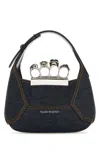 Alexander Mcqueen Mini Jewelled Leather Hobo In Denimblack