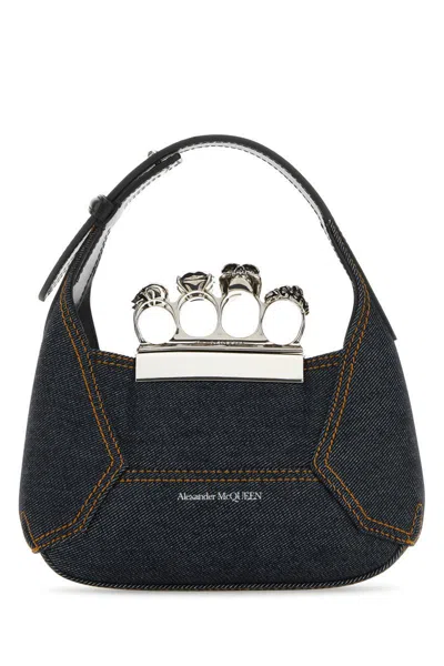 Alexander Mcqueen Jewelled Embellished Leather-trimmed Denim Tote In Blue