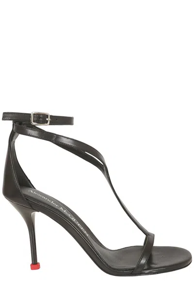 Alexander Mcqueen Harness Leather T-strap Stiletto Sandals In Black