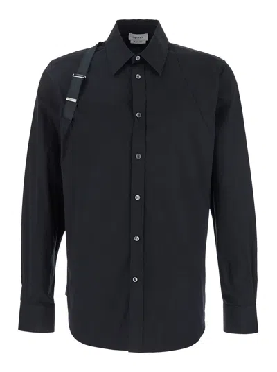 Alexander Mcqueen Men 'harness' Black Shirt With Clasic Collar And Strap Detail On The Sleeve In Cot