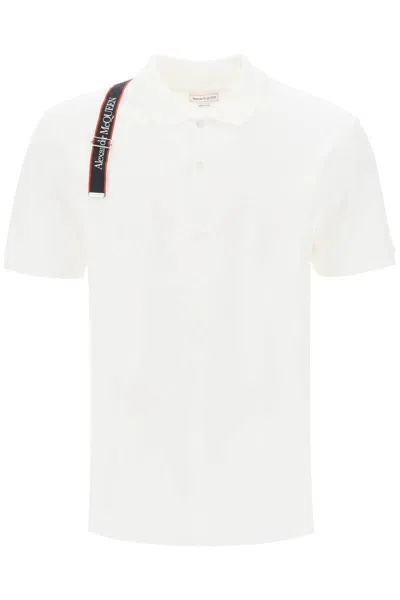 Alexander Mcqueen Harness Polo Shirt With Selvedge Logo In Bianco