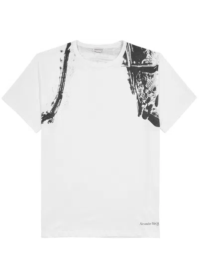 Alexander Mcqueen Harness Printed Cotton T-shirt In White And Black