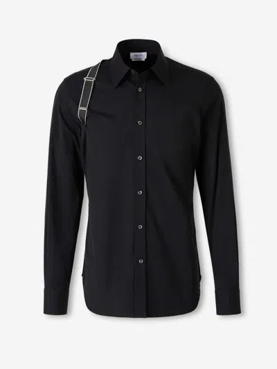 Alexander Mcqueen Men Black Shirt With Classic Collar And Buckle Detail In Cotton Man