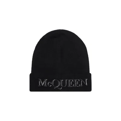 Alexander Mcqueen Black Wool And Cashmere Hat With Logo