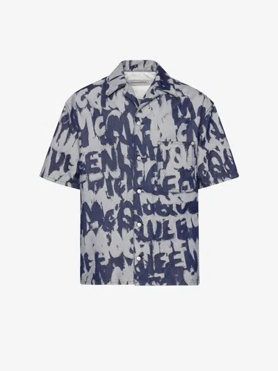 Alexander Mcqueen Hawaiian Denim Shirt Graffiti In Indigo