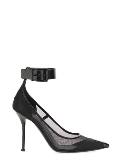 Alexander Mcqueen Mesh Buckle-cuff Stiletto Pumps In Black