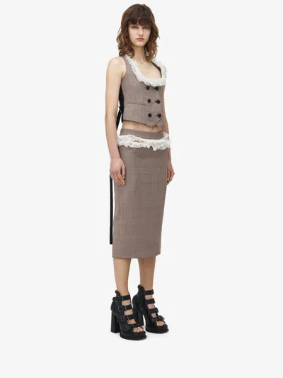 Alexander Mcqueen Heritage Check Slashed Buttoned Pencil Skirt In Ivory/black/tobacco