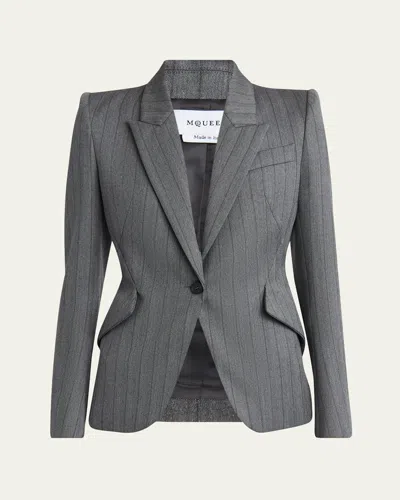 Alexander Mcqueen Herringbone Striped Single-breasted Blazer Jacket In Gray