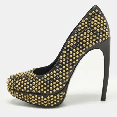 Pre-owned Alexander Mcqueen Hexagon Studded Size 37.5 Black Leather Platform Pumps