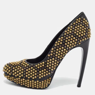 Pre-owned Alexander Mcqueen Hexagon Studded Size 40 Black Leather Platform Pumps