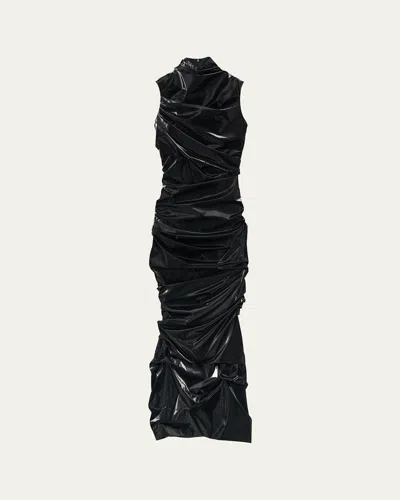 Alexander Mcqueen High-neck Laminated Jersey Wrap Dress In Black