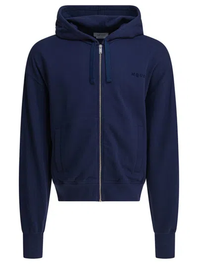 Alexander Mcqueen Full-zip Hooded Sweatshirt With Embroidered Detailing In Blue