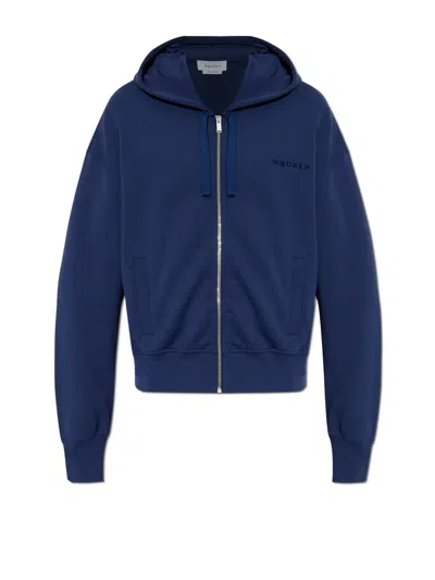 Alexander Mcqueen Full-zip Hooded Sweatshirt With Embroidered Detailing In Blue