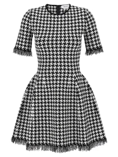 Alexander Mcqueen Mini Houndstooth Jacquard Dress With Fringe Details In Multi