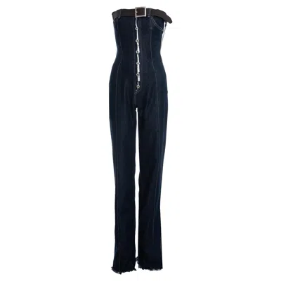 Pre-owned Alexander Mcqueen Indigo Denim Corseted Jumpsuit And Leather Belt, Fw 1996 In Blue