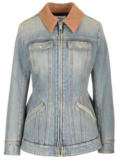Alexander Mcqueen Corduroy Collar Peplum Denim Jacket Clothing In Blue