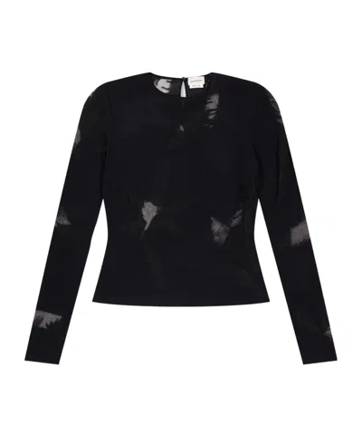 Alexander Mcqueen Ink Print Long-sleeve Cropped Top In Black