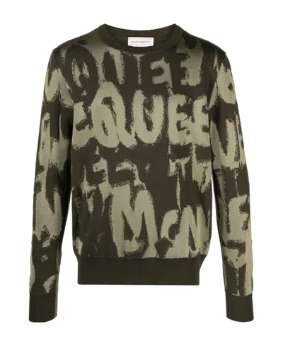 Alexander Mcqueen Crew Neck Wool Blend Sweater With All-over Jacquard Logo In Green