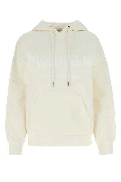 Alexander Mcqueen Logo Printed Drawstring Hoodie In Off White