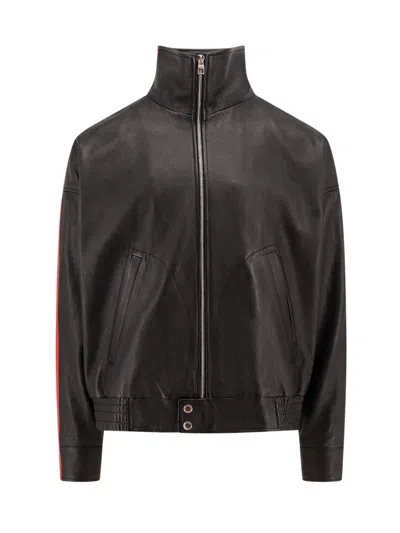 Alexander Mcqueen Leather Jacket With Contrasting Bands In Black