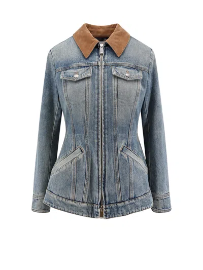 Alexander Mcqueen Peplum Corduroy-trimmed Denim Jacket In Blue