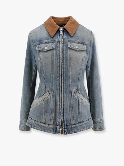 Alexander Mcqueen Peplum Corduroy-trimmed Denim Jacket In Blue