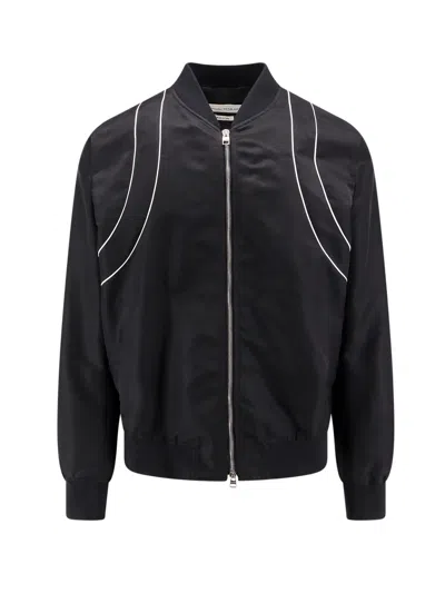 Alexander Mcqueen Solid Color Nylon Bomber Jacket With Contrasting Details In Black