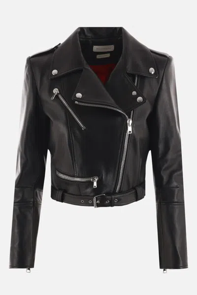 Alexander Mcqueen Mcqueen Cropped Leather Jacket With Off-center Zip Closure In Black