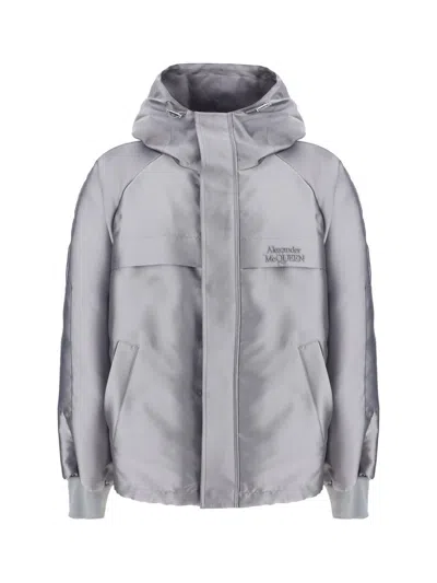 Alexander Mcqueen Gray Logo-embroidered Hooded Jacket In Grey